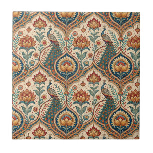Beautiful Peacock & Indian Floral Pattern Artwork Ceramic Tile