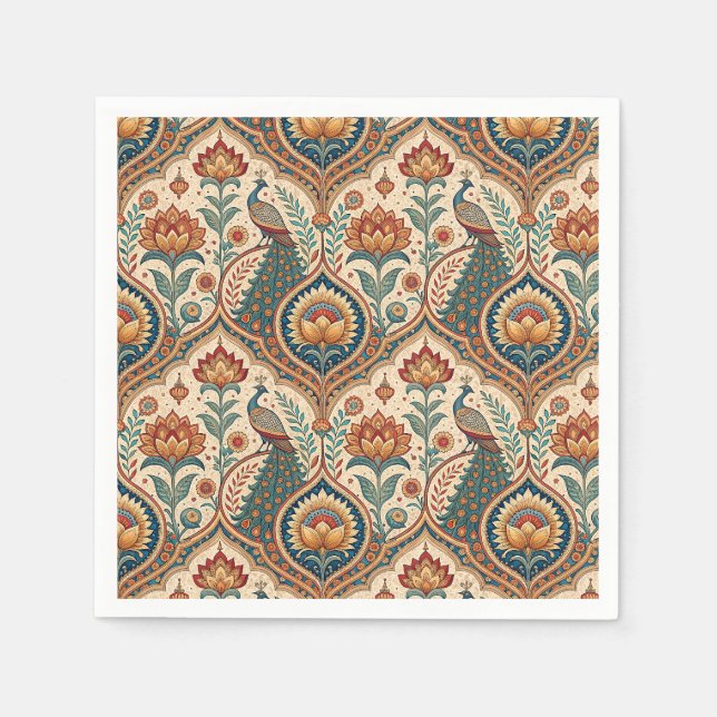 Beautiful Peacock & Indian Floral Pattern Artwork Napkin (Front)