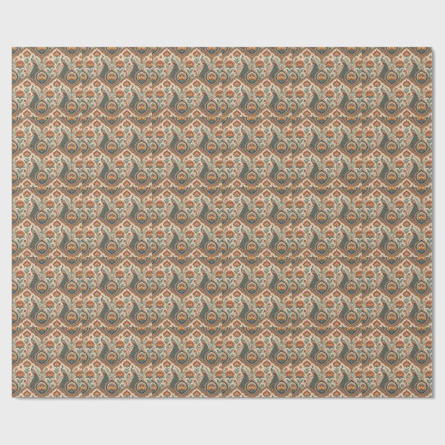 Beautiful Peacock & Indian Floral Pattern Artwork Wrapping Paper (Flat)
