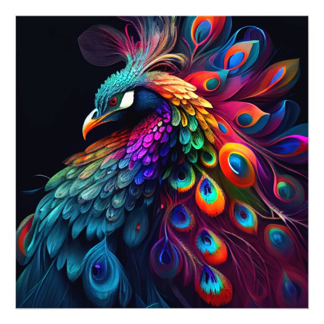 Beautiful peacock on black background artwork  photo print (Front)