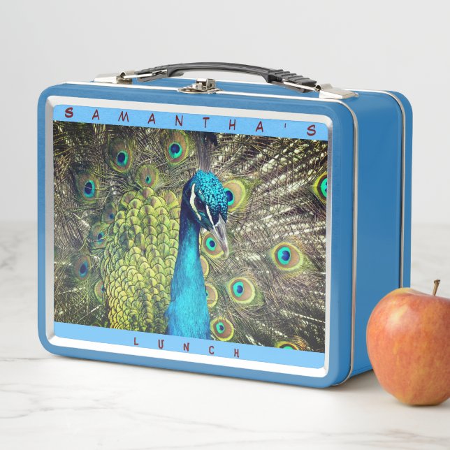 Beautiful Peacock (Personalise Name)  Metal Lunch Box (In Situ)