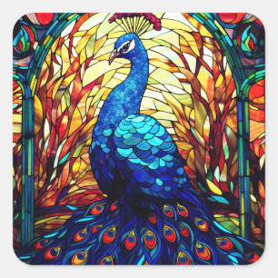 Beautiful Peacock Stained Glass Wildlife Art Square Sticker