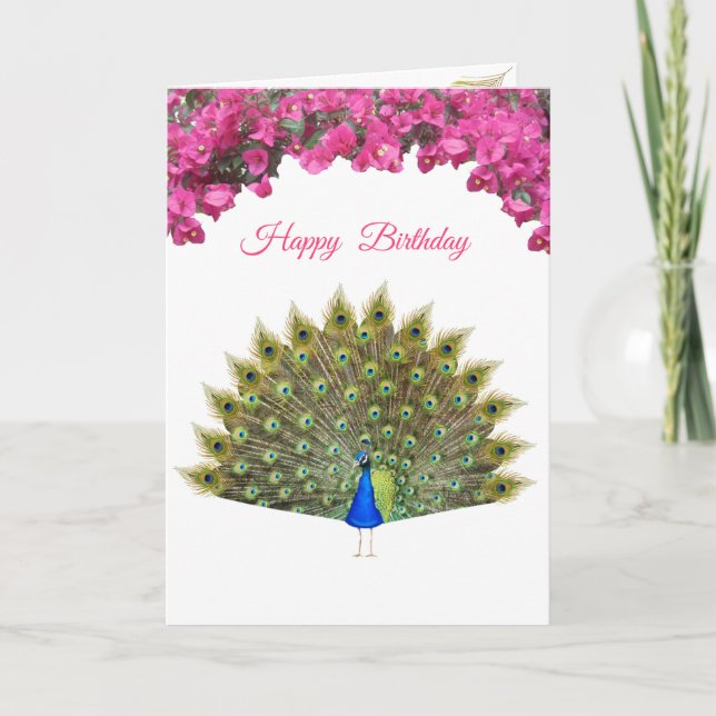 Beautiful Peacock & Tropical Flowers Birthday Note Card (Front)