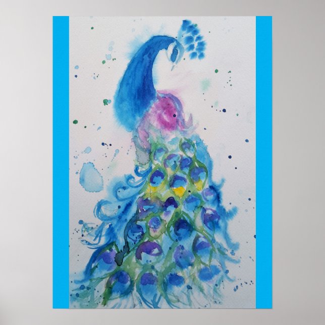 Beautiful Peacock Watercolour Painting Art Poster (Front)