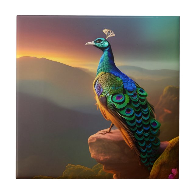 Beautiful Peacock welcomes the Day Ceramic Tile (Front)