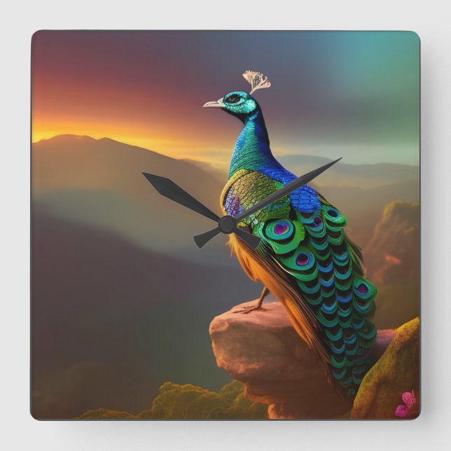 Beautiful Peacock Welcomes the Day Square Wall Clock (Front)