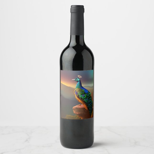 Beautiful Peacock Welcomes the Day   Wine Label (Front)