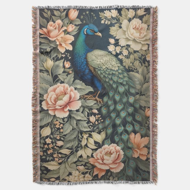 Beautiful Peacock William Morris Inspired Floral Throw Blanket (Front Vertical)