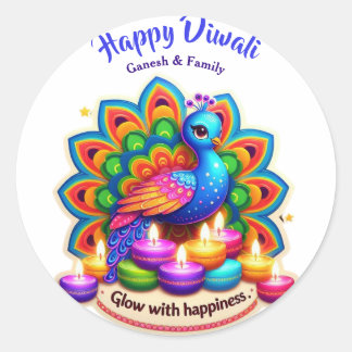 Beautiful Peacock with Diya Personalised Diwali Classic Round Sticker