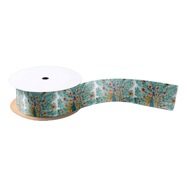 Beautiful Peacocks Emerald Green, Turquoise Satin Ribbon (Spool)