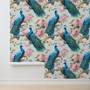 Beautiful Peacocks Pink Flowers Peel And Stick Wallpaper