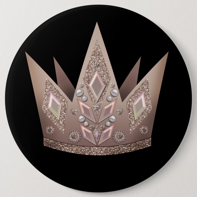 Beautiful pearl beads glitter crown golden bronze 6 cm round badge (Front)