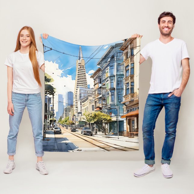 Beautiful pen and ink sketch of San Francisco Fleece Blanket (In Situ)