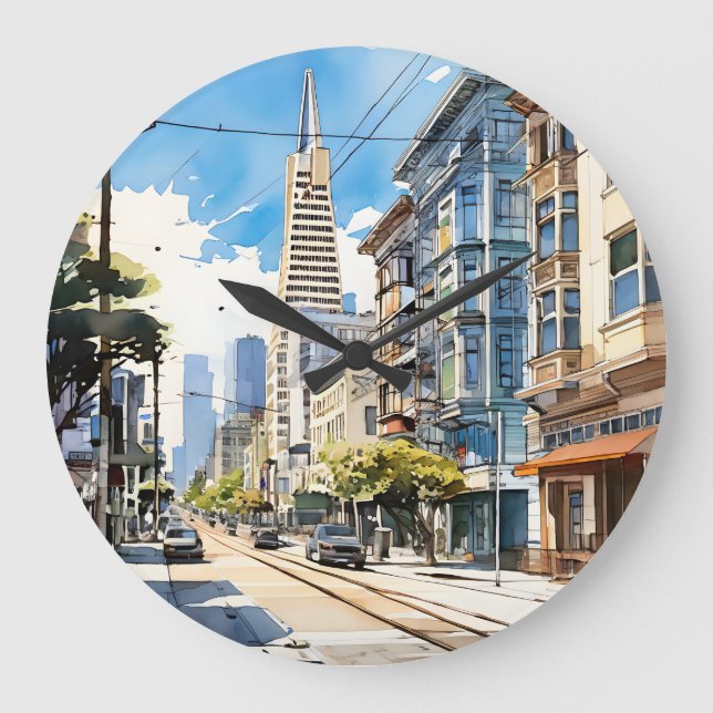 Beautiful pen and ink sketch of San Francisco Large Clock (Front)