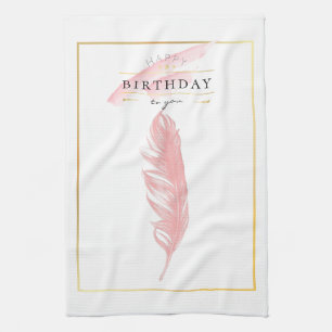 Beautiful Pencil Drawing Pink Feather Birthday Tea Towel