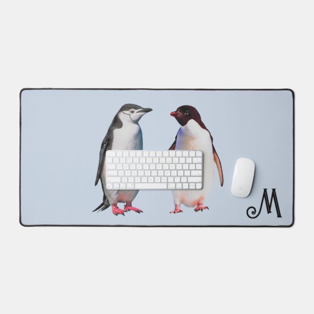 Beautiful  Penguin Couple and Monogram Desk Mat (Keyboard & Mouse)
