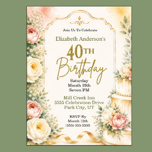 Beautiful Peony 40th Birthday Party Invitation