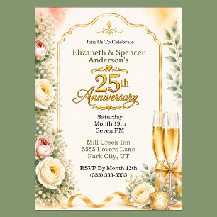 Beautiful Peony Champagne 25th Anniversary Party Invitation