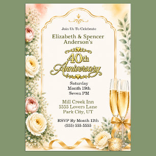 Beautiful Peony Champagne 40th Anniversary Party Invitation