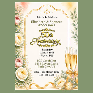 Beautiful Peony Champagne 50th Anniversary Party Invitation