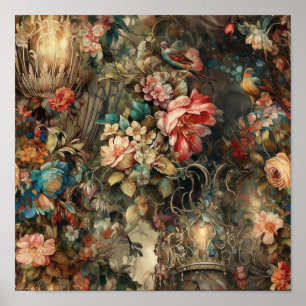 Beautiful Period Rococo Birds And Flowers Poster