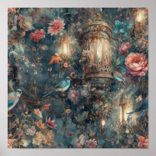 Beautiful Period Rococo Garden Birds And Flowers Poster