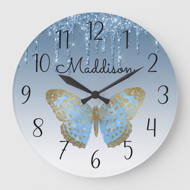 Beautiful Personalised Blue Butterfly Large Clock (Front)
