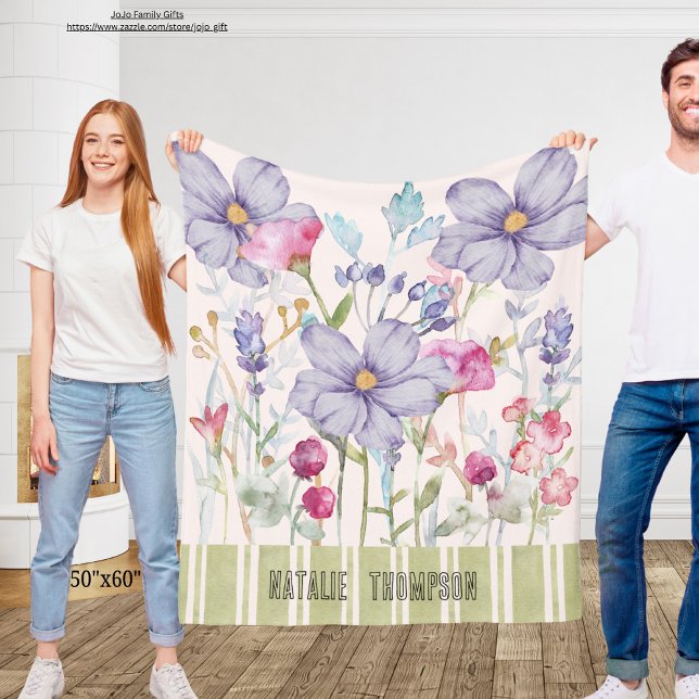 Beautiful personalised cute botanical purple green fleece blanket (Creator Uploaded)
