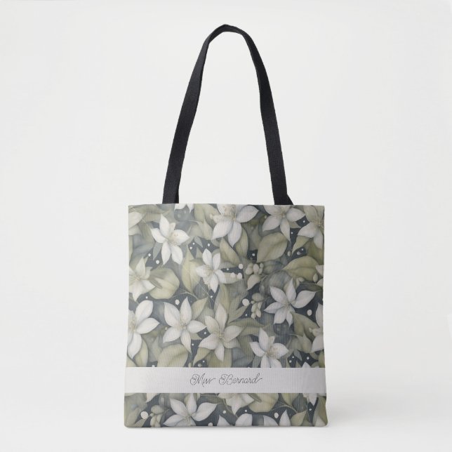 Beautiful Personalised Ivory Blossoms on Sage Tote Bag (Front)