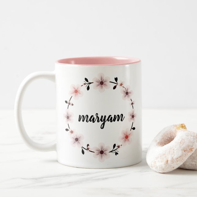 Beautiful Personalised Name Mug Custom Floral Gift (With Donut)