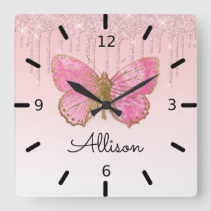 Beautiful Personalised Pink Butterfly Square Wall Clock