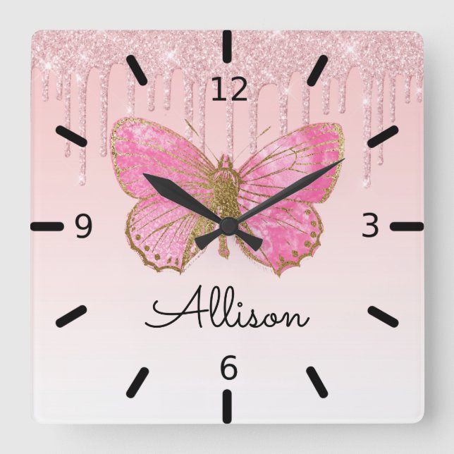 Beautiful Personalised Pink Butterfly Square Wall Clock (Front)