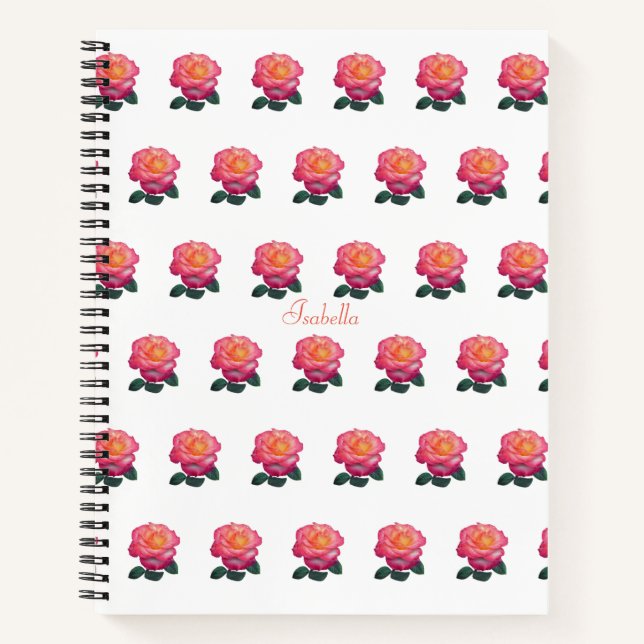 Beautiful Personalised Pink Rose Pattern on White Notebook (Front)
