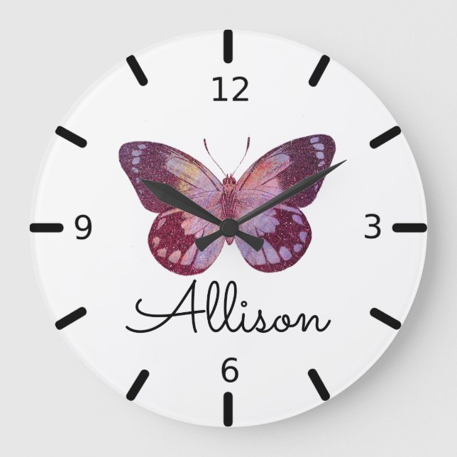 Beautiful Personalised Purple Butterfly Large Clock (Front)