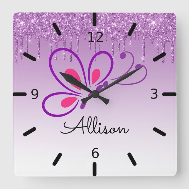 Beautiful Personalised Purple Butterfly Square Wall Clock (Front)