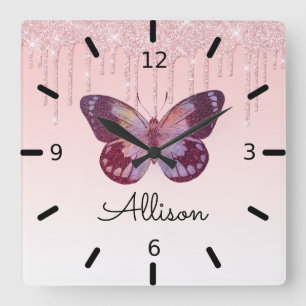 Beautiful Personalised Purple Butterfly Square Wall Clock