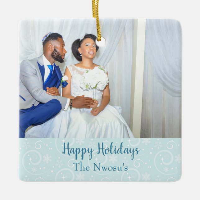 Beautiful Photo Wedding Theme Snowflakes Ceramic Ornament (Front)