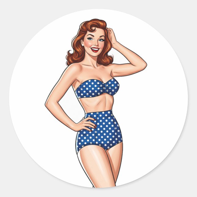 Beautiful Pin-up red haired woman in blue swimsuit Classic Round Sticker (Front)