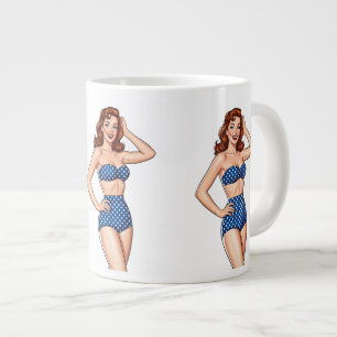 Beautiful Pin-up red haired woman in blue swimsuit Large Coffee Mug
