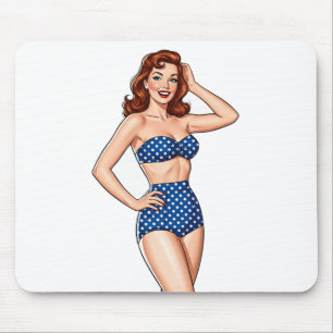 Beautiful Pin-up red haired woman in blue swimsuit Mouse Pad