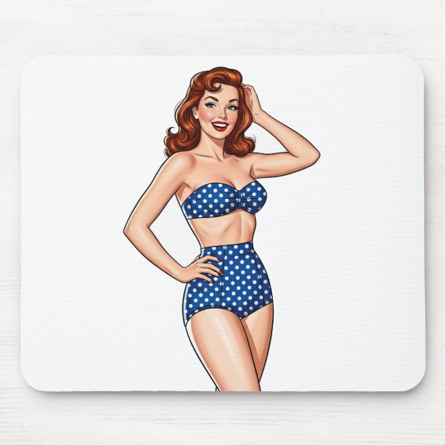 Beautiful Pin-up red haired woman in blue swimsuit Mouse Pad (Front)