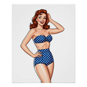 Beautiful Pin-up red haired woman in blue swimsuit Poster