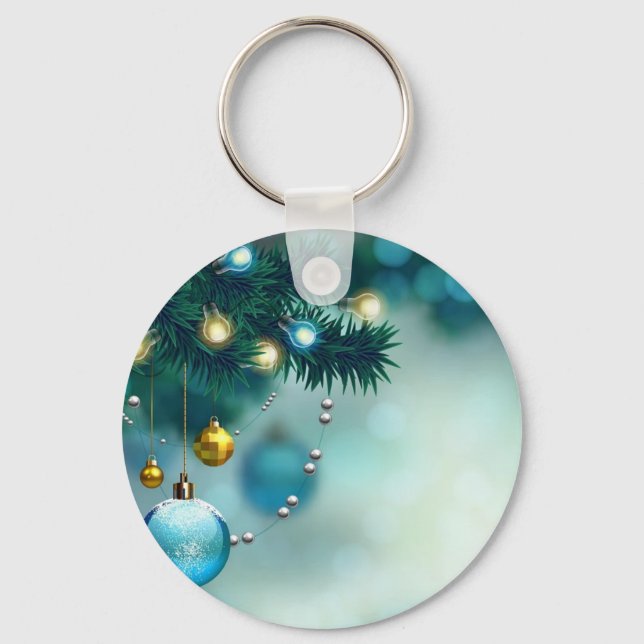 Beautiful Pine Tree With Blue Christmas Ball  Key Ring (Front)
