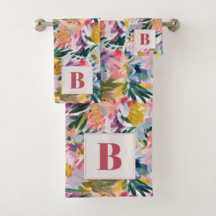 Beautiful Pink Abstract Botanical Monogrammed Bath Towel Set