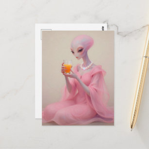 Beautiful Pink Alien Lady With Orange Juice Postcard