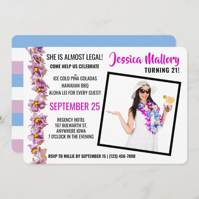 Beautiful Pink and Blue Aloha Birthday Party Invitation (Front/Back)