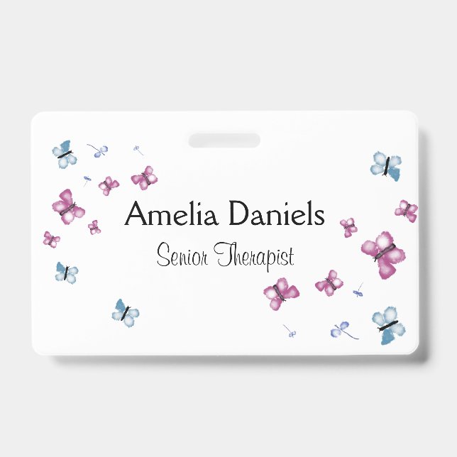 Beautiful Pink and Blue Butterfly Name Tag ID Badge (Front)