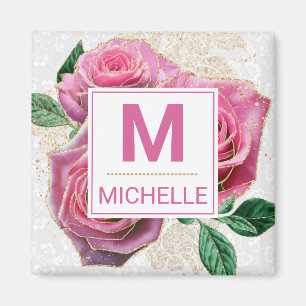 Beautiful Pink and Gold Glam Roses Monogram Magnet