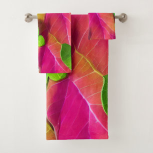 Beautiful Pink and Green Leafy Pattern Bath Towel Set