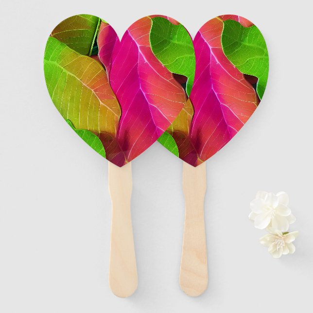 Beautiful Pink and Green Leafy Pattern Hand Fan (Front and Back)